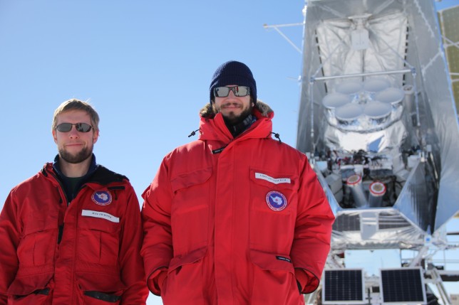 Lorenzo and I, representing the Caltech detector team on the ice.